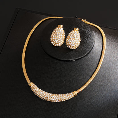 Elegant Gold Tone Rhinestone Choker Necklace & Earring Set