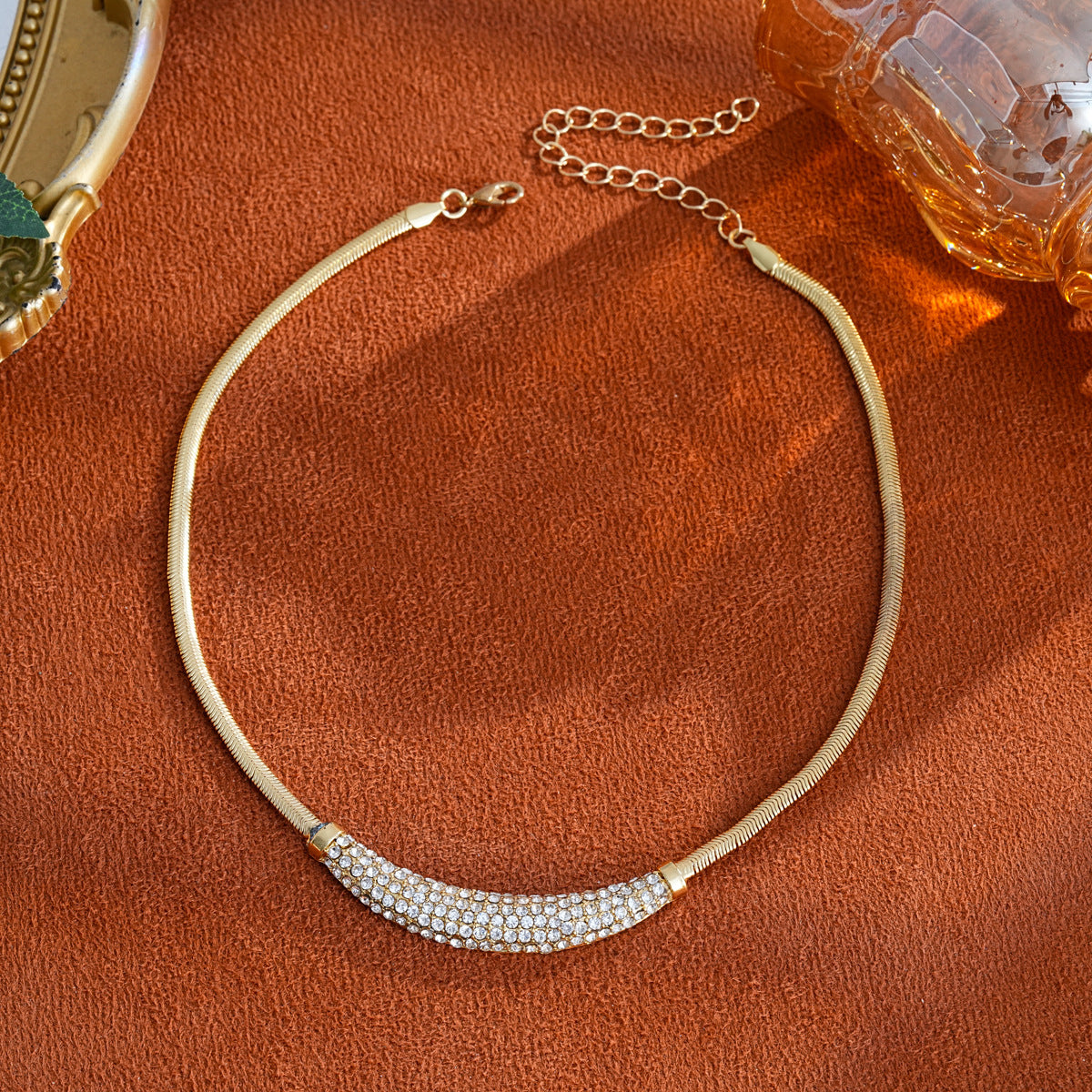 Elegant Gold Tone Rhinestone Choker Necklace & Earring Set