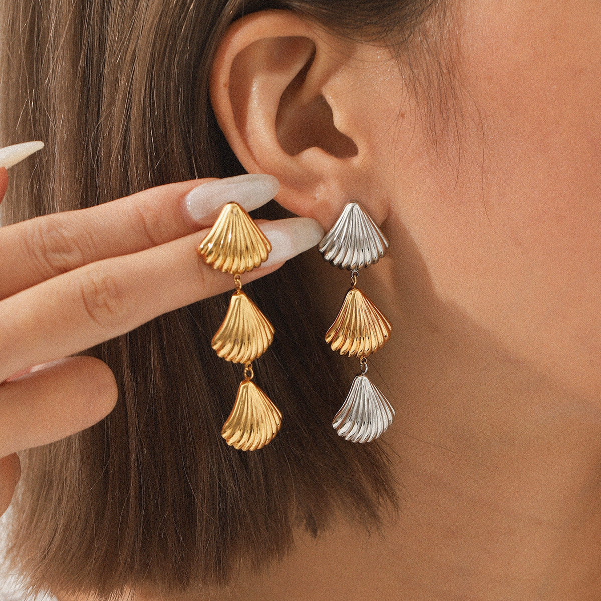 Elegant Tiered Seashell Dangle Earrings - Gold & Silver