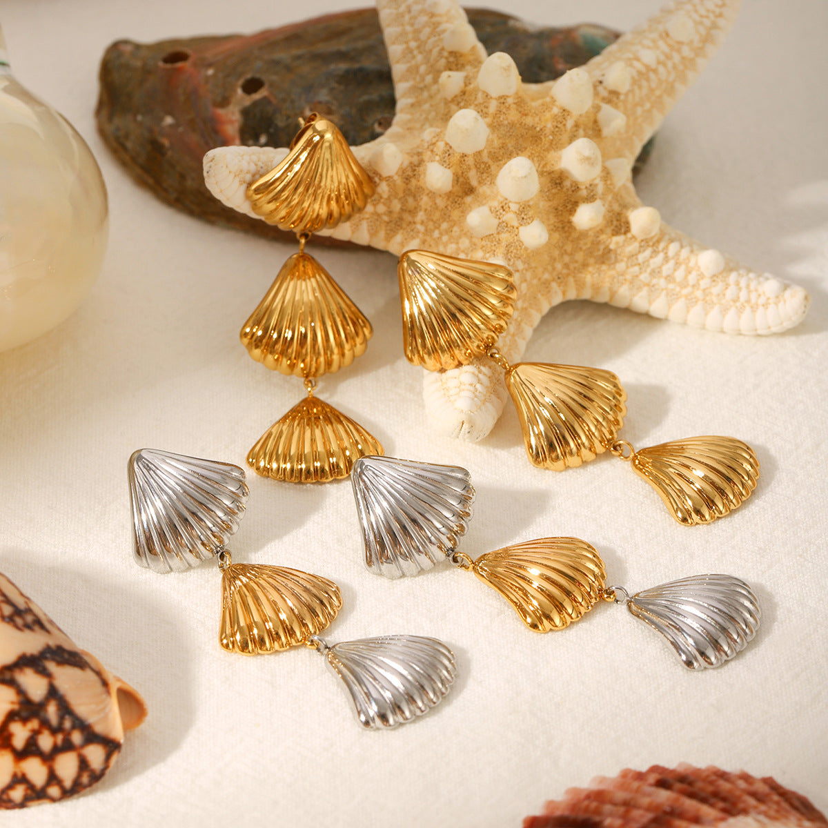 Elegant Tiered Seashell Dangle Earrings - Gold & Silver