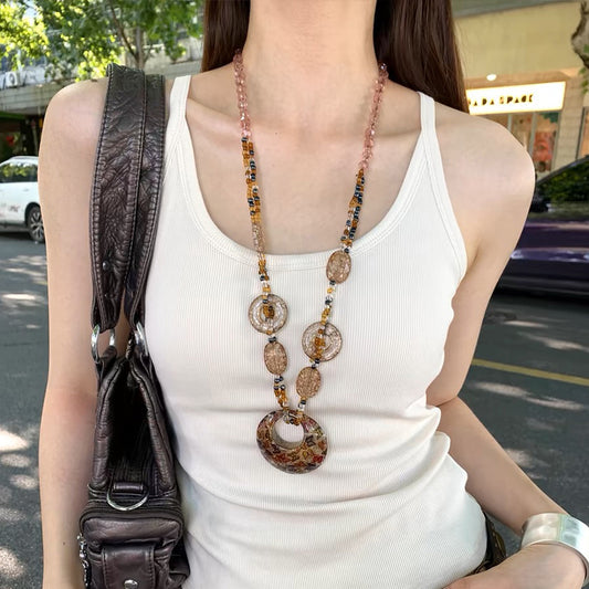 Boho Chic Multi-Bead Long Pendant Necklace