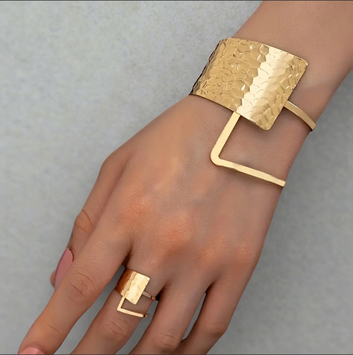 Geometric Hammered Gold Cuff Bracelet & Ring Set