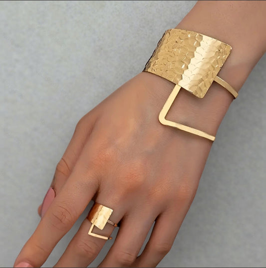 Geometric Hammered Gold Cuff Bracelet & Ring Set