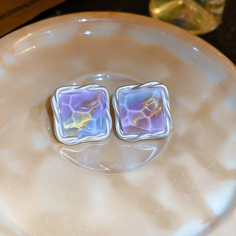 Artistic Resin Square Stud Earrings with Braided Border