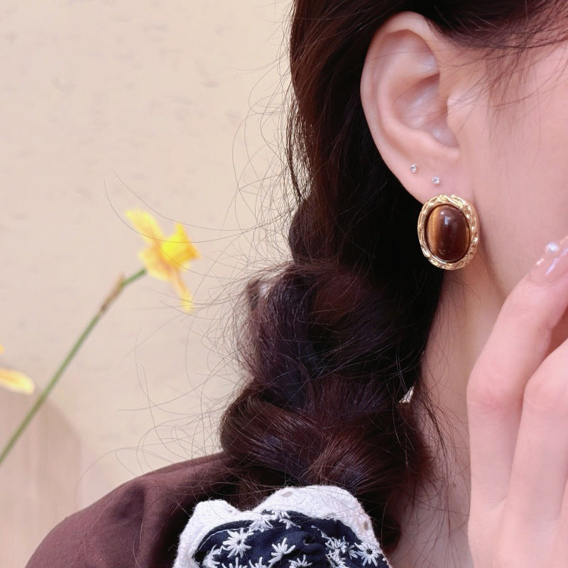 Vintage Gold Tiger's Eye Oval Stud Earrings