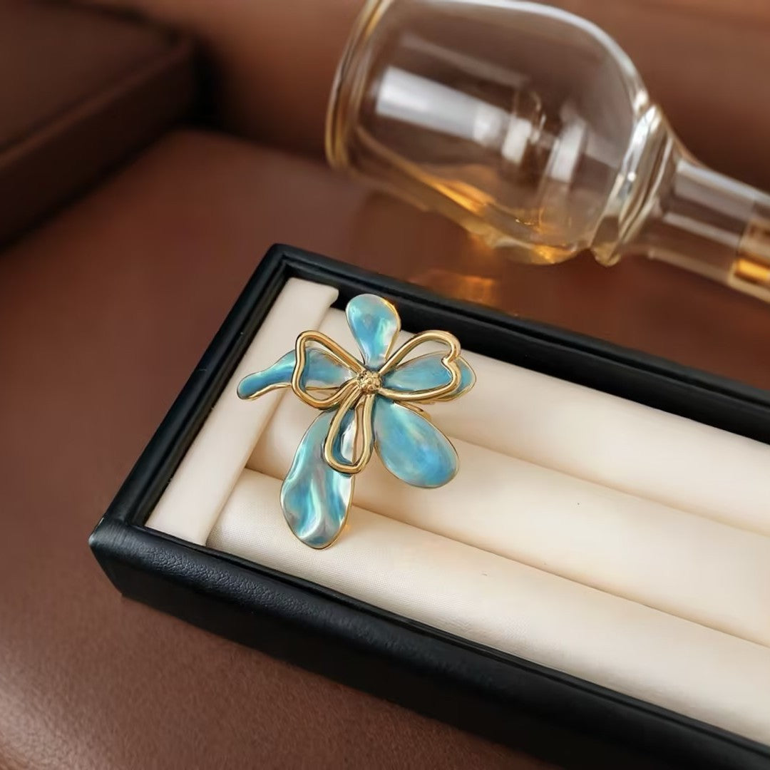 Artistic Blue Enamel Flower Statement Ring - Adjustable