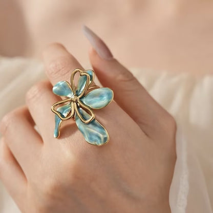 Artistic Blue Enamel Flower Statement Ring - Adjustable