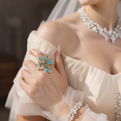 Artistic Blue Enamel Flower Statement Ring - Adjustable