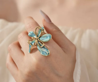 Artistic Blue Enamel Flower Statement Ring - Adjustable