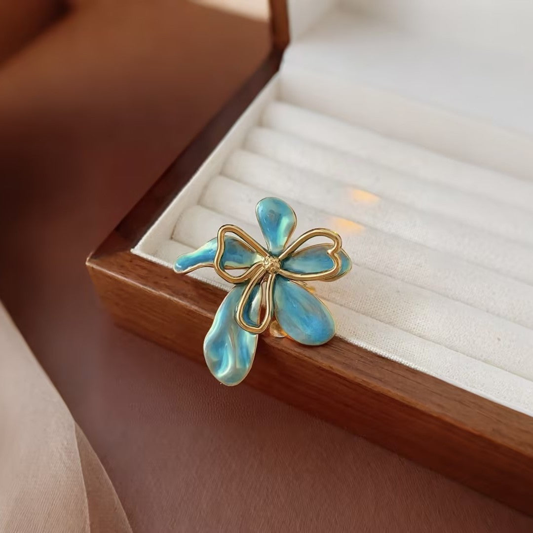 Artistic Blue Enamel Flower Statement Ring - Adjustable