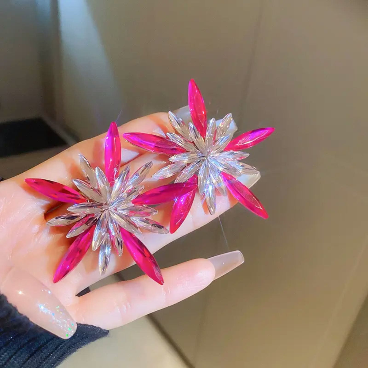 Sparkling Pink & Clear Crystal Starburst Statement Earrings