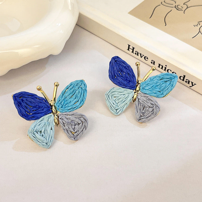 Chic Woven Butterfly Earrings | Blue & peach Tones