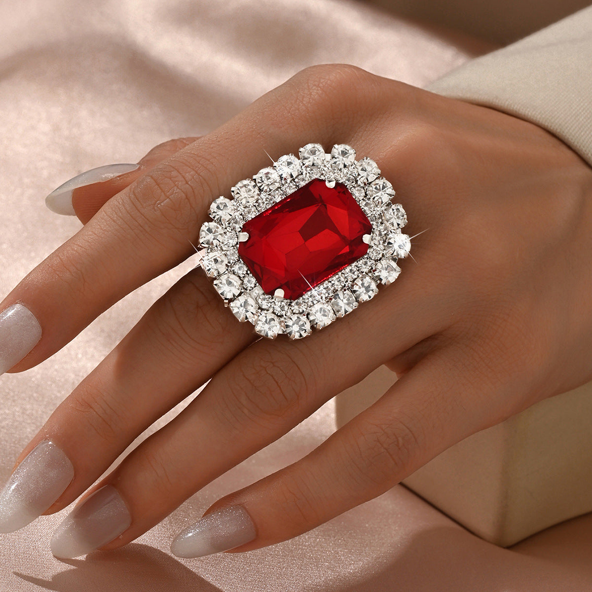 Grand Red Crystal & Zirconia Halo Cocktail Ring