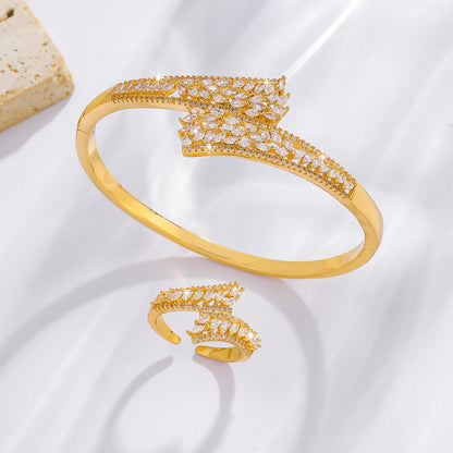 Luxury Gold-Toned Zirconia Bracelet & Adjustable Ring Set