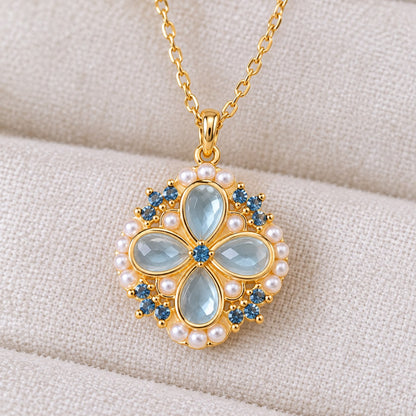 Gold Plated Blue Clover & Pearl Pendant Necklace