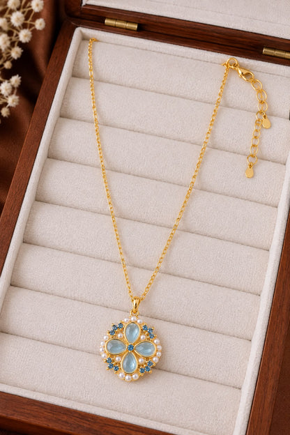 Gold Plated Blue Clover & Pearl Pendant Necklace