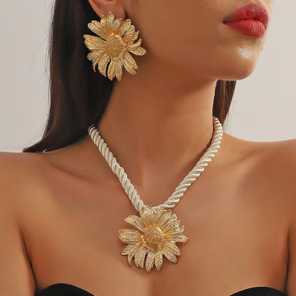 Statement Gold Daisy Flower Necklace & Earrings Set