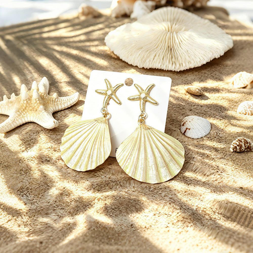Gold Starfish & White Seashell Drop Earrings