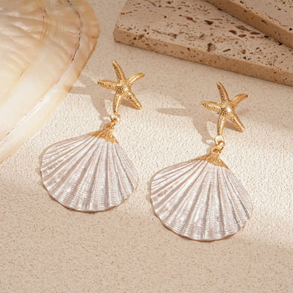 Gold Starfish & White Seashell Drop Earrings