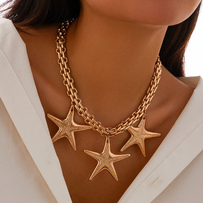 Gold Chunky Chain Starfish Charm Statement Necklace