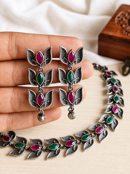 Oxidized Silver-Tone Leaf Design Necklace & Earring Set
