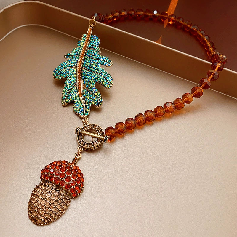 Autumn Woodland Leaf & Acorn Rhinestone Beaded Necklace