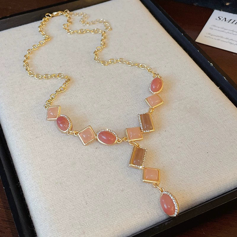 Elegant Pink & Peach Stone Gold-Tone Y-Drop Necklace