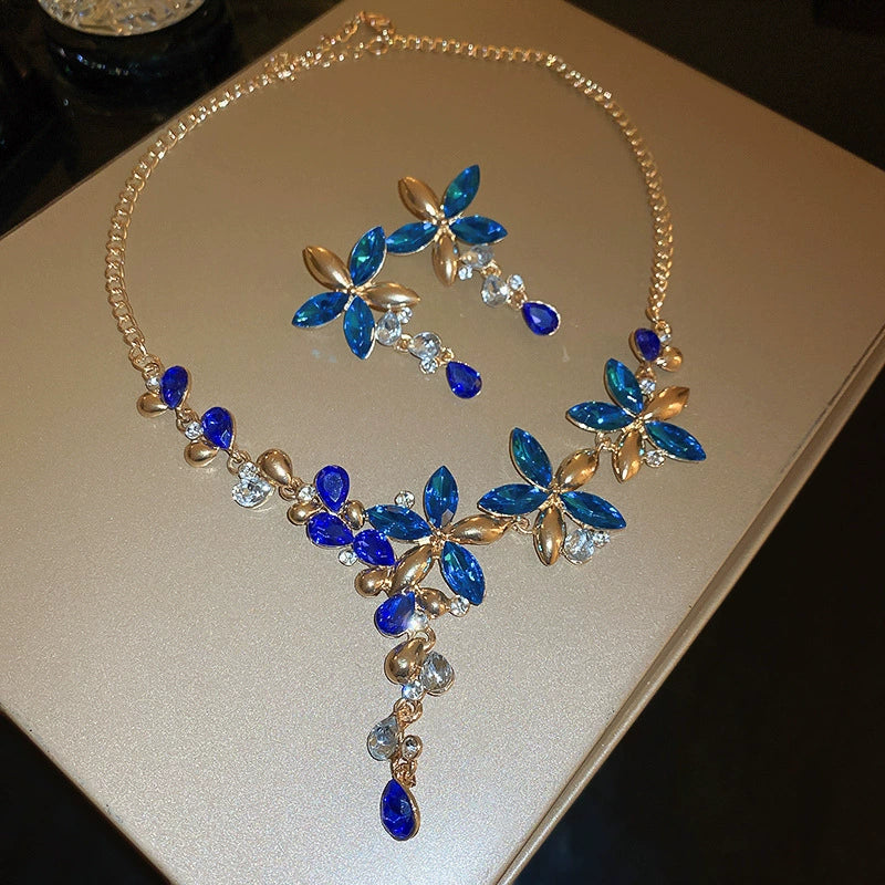 Elegant Blue Crystal & Gold Floral Jewelry Set