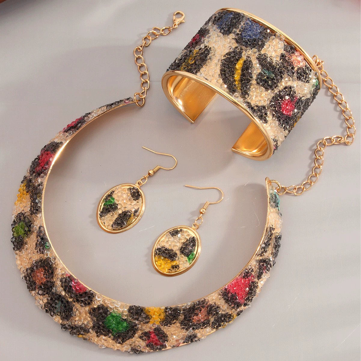 Vibrant Beaded Multicolor Leopard Jewelry Set