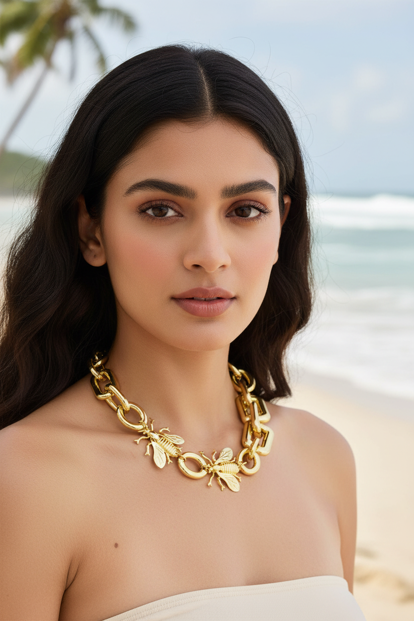 Gold Chunky Bee Charm Statement Chain Necklace