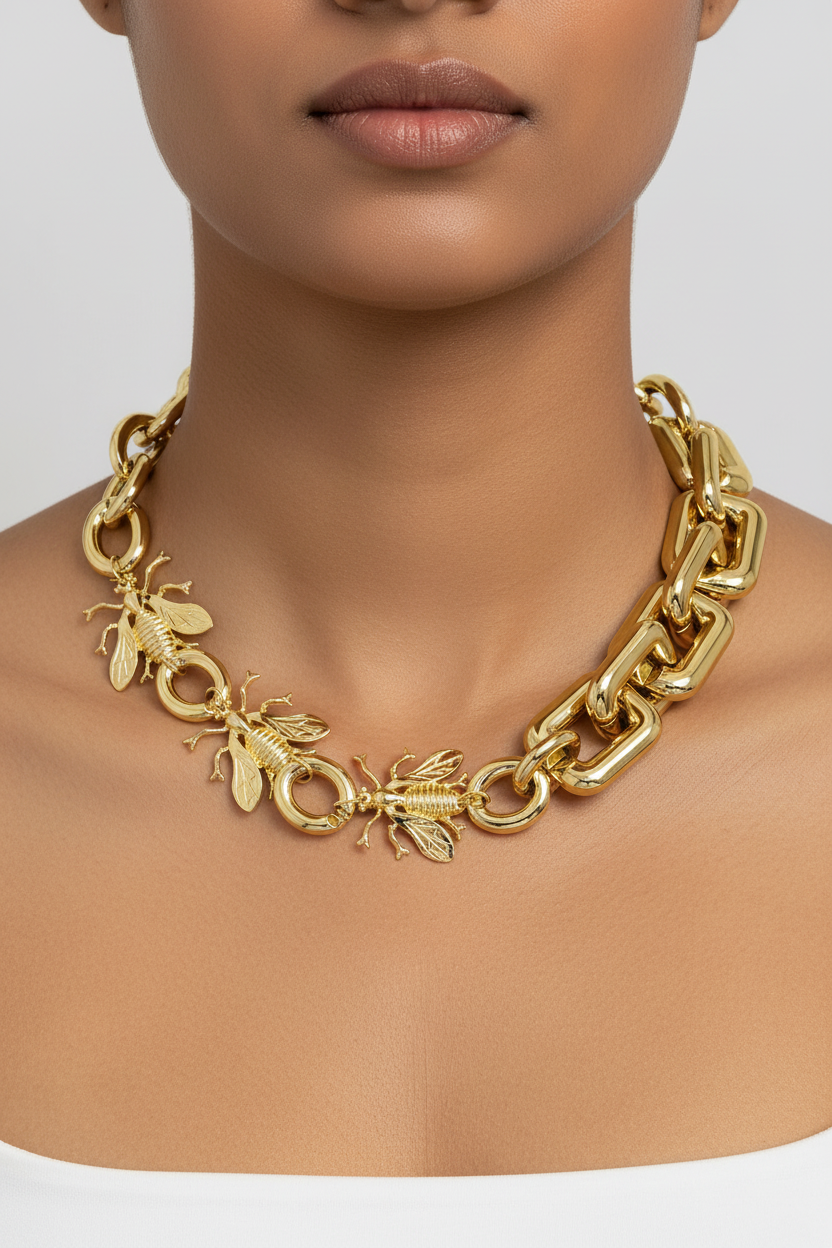 Gold Chunky Bee Charm Statement Chain Necklace
