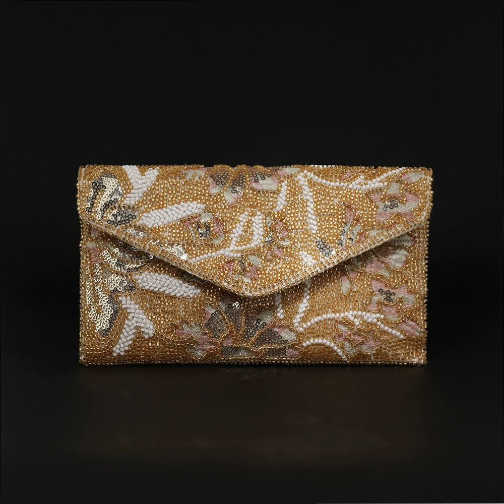 Elegant Rose Gold Sequin Floral Embroidered Evening Clutch