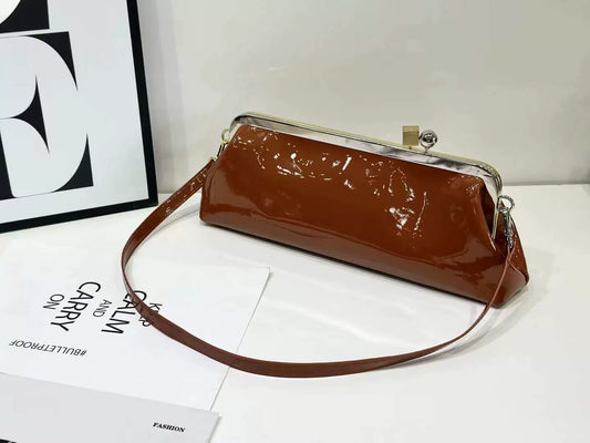 Retro Glam Brown Patent Leather Shoulder Bag with Frame Clasp