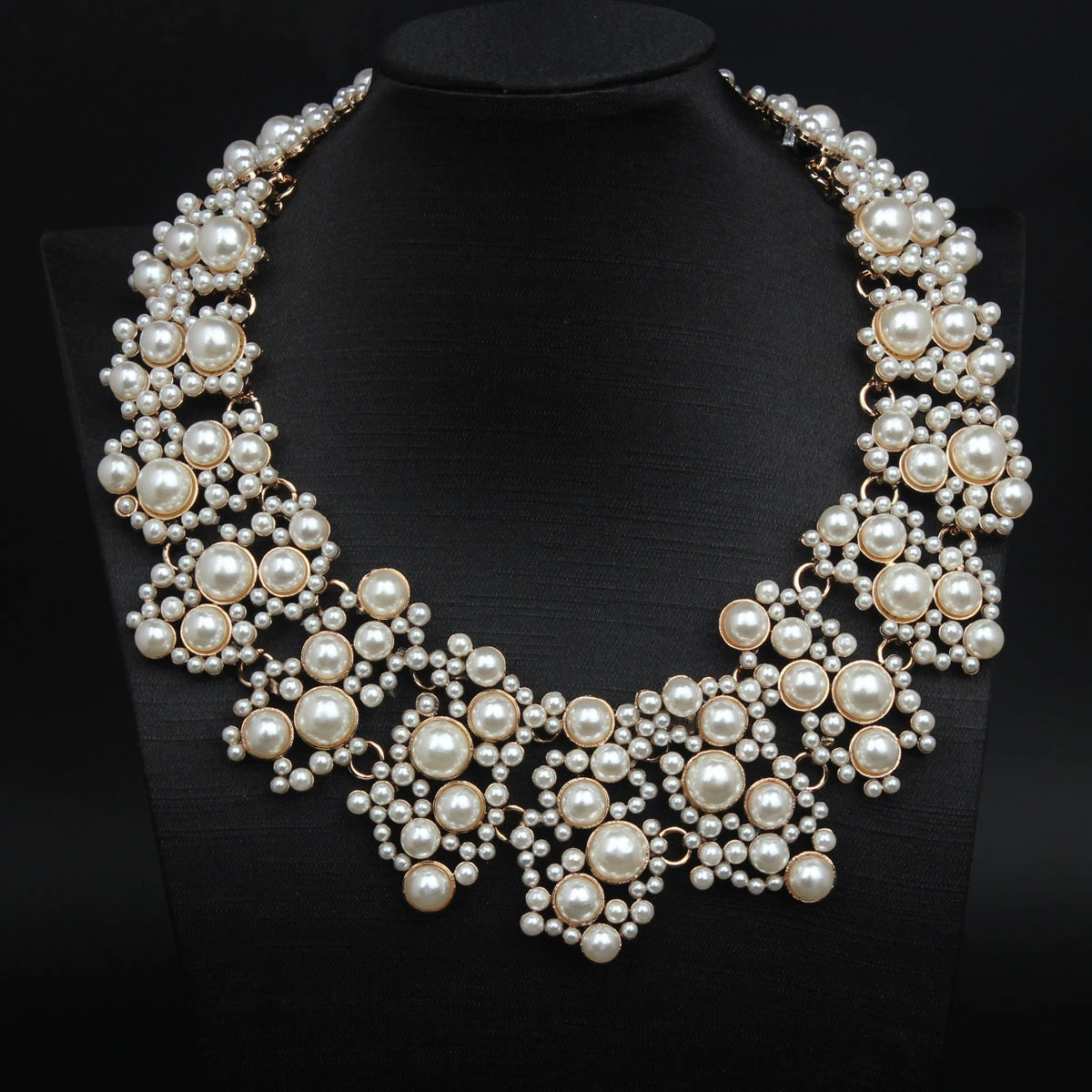 Glamorous Faux Pearl Cluster Gold-Tone Statement Necklace