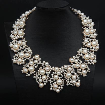 Glamorous Faux Pearl Cluster Gold-Tone Statement Necklace
