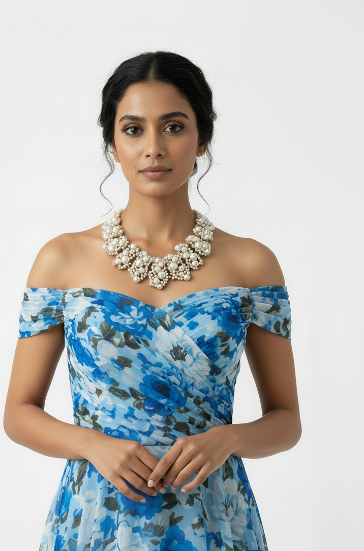 Glamorous Faux Pearl Cluster Gold-Tone Statement Necklace