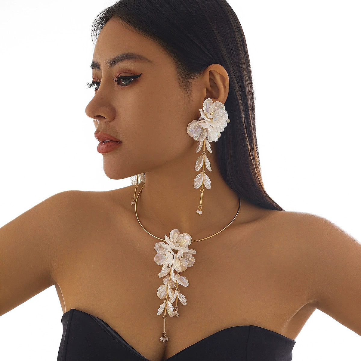White Floral Petal Statement Choker & Dangle Earrings Set