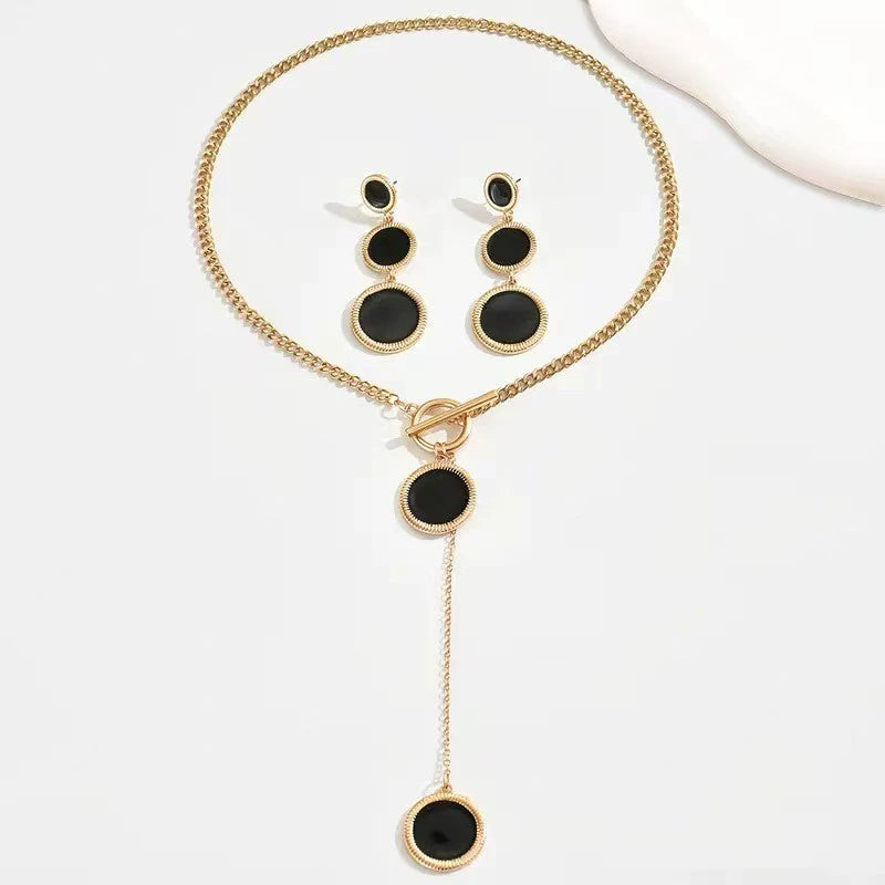 Chic Black & Gold Toggle Lariat Necklace & Dangle Earrings Set
