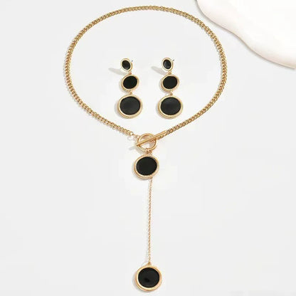 Chic Black & Gold Toggle Lariat Necklace & Dangle Earrings Set