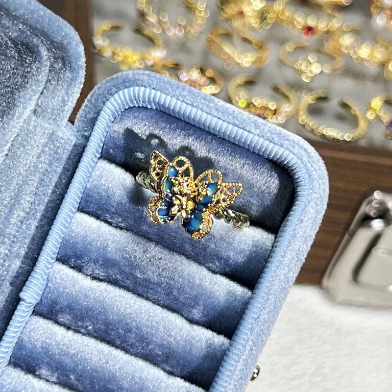 Exquisite Blue Enamel Filigree Butterfly Ring