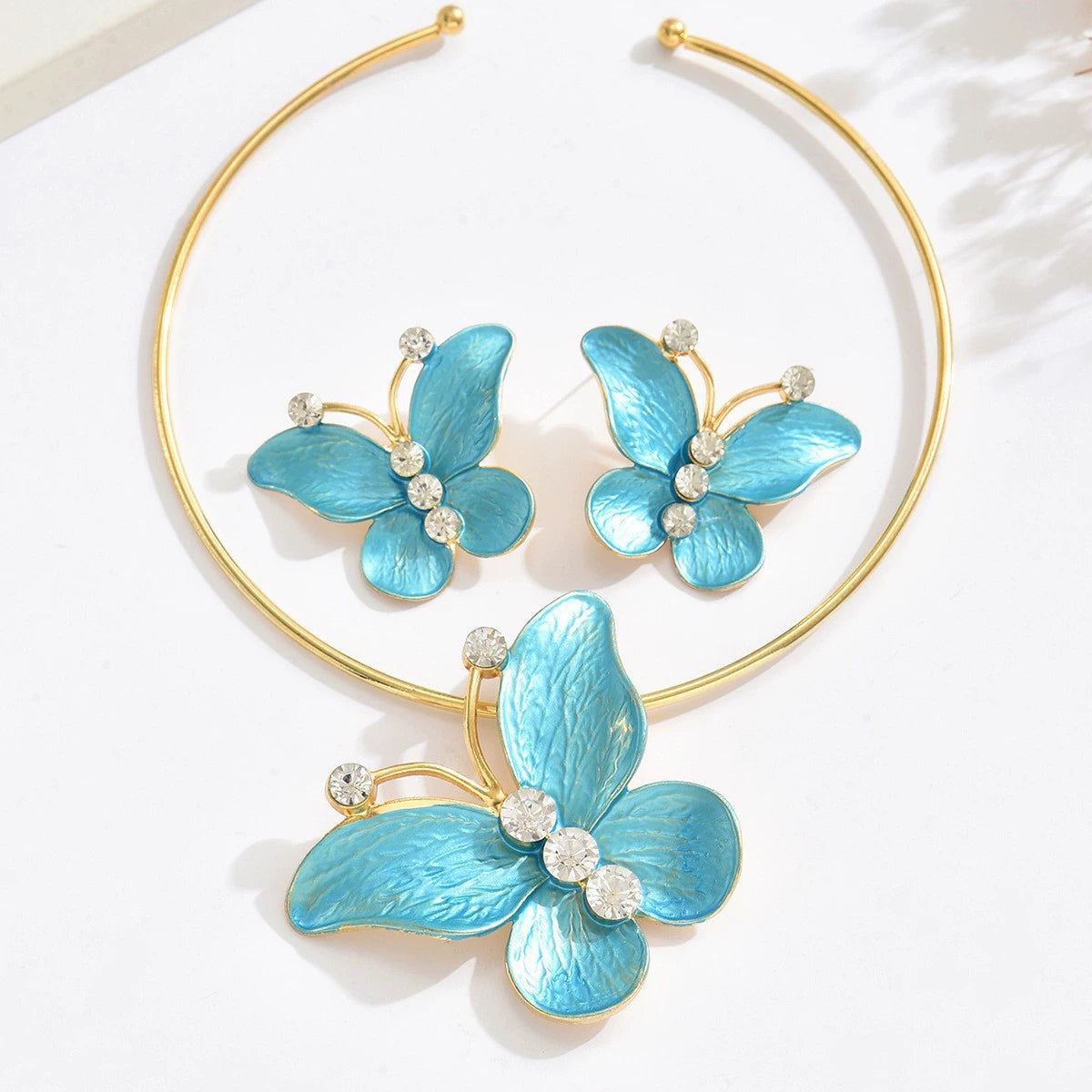 Blue Butterfly Crystal Choker & Earrings Jewelry Set