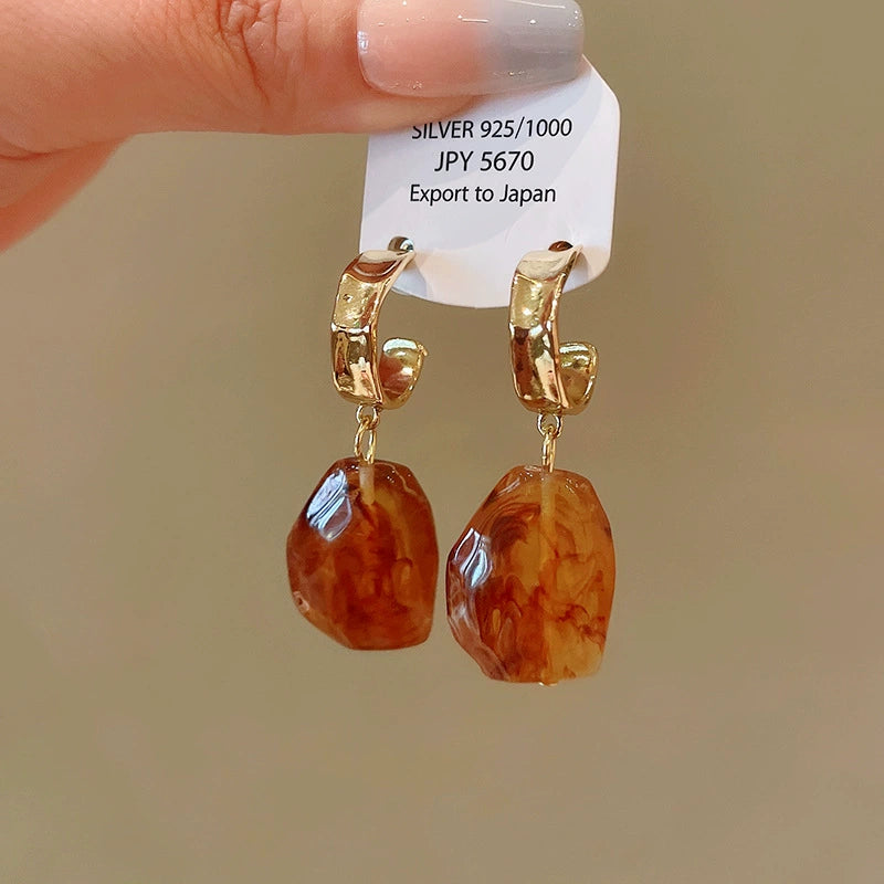 Sterling Silver Gold Tone Amber Resin Irregular Drop Earrings
