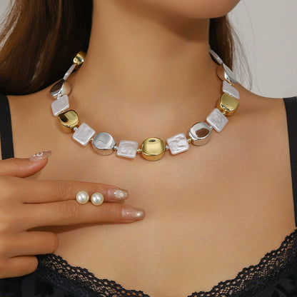 Gold & White Geometric Necklace & Pearl Earrings Set