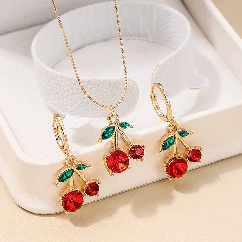 Chic Cherry Red Gemstone Jewelry Set - Necklace & Earrings