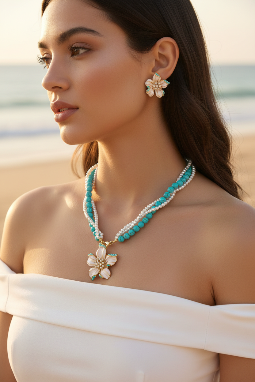 Elegant Turquoise & Pearl Flower Necklace