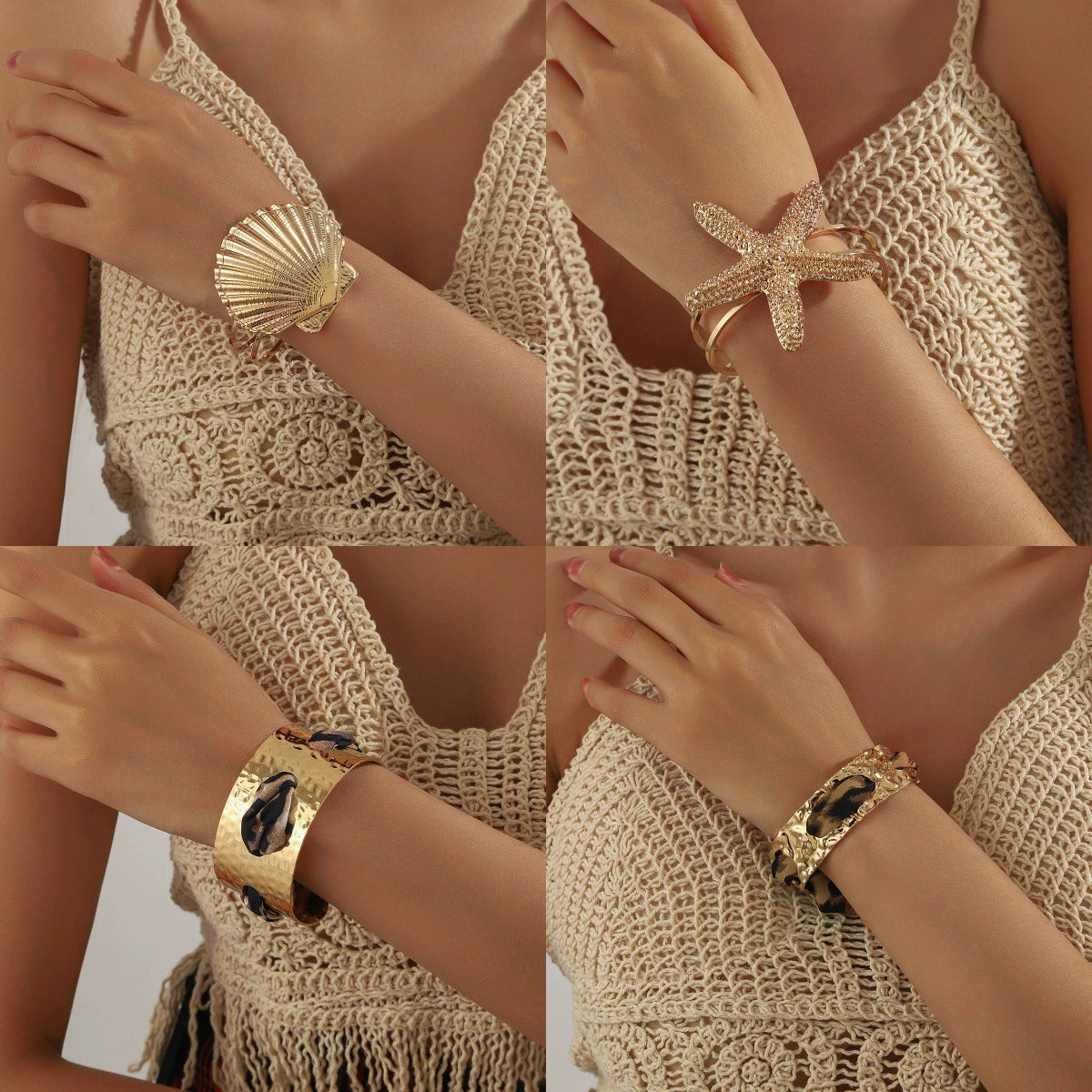 Elegant Golden Starfish Cuff Bangle Bracelet