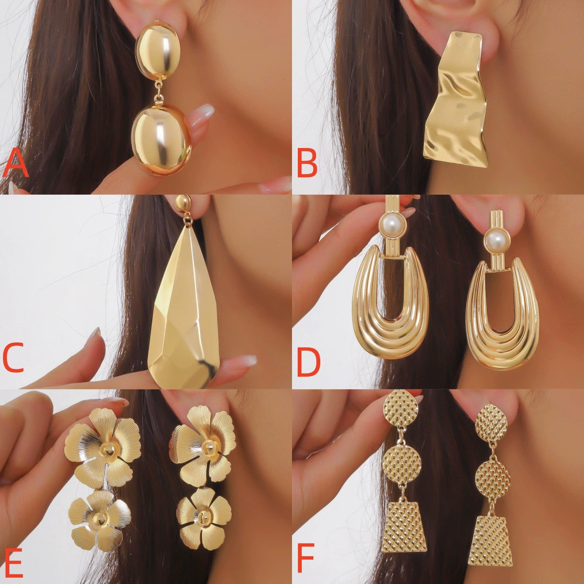 Modern Gold Ribbed U-Drop Pearl Statement Earrings