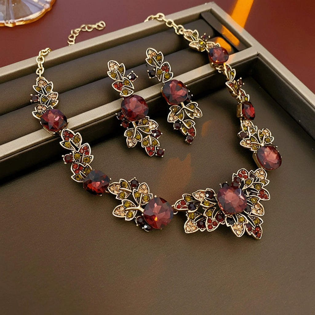 Vintage Bohemian Red Crystal Leaf Necklace & Earring Set