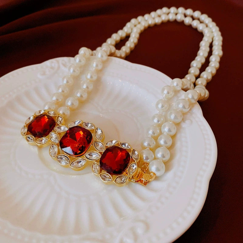 Luxurious Double Strand Pearl & Ruby Crystal Necklace