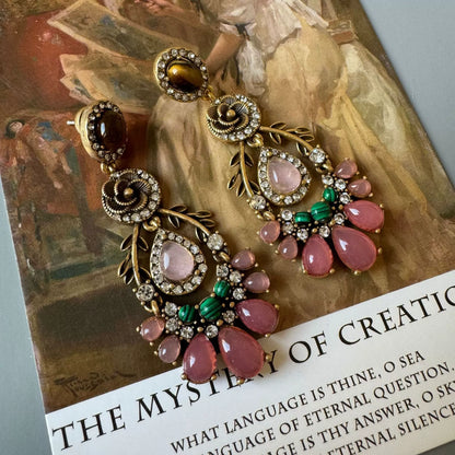 Vintage Rose Quartz & Malachite Statement Jewelry Set